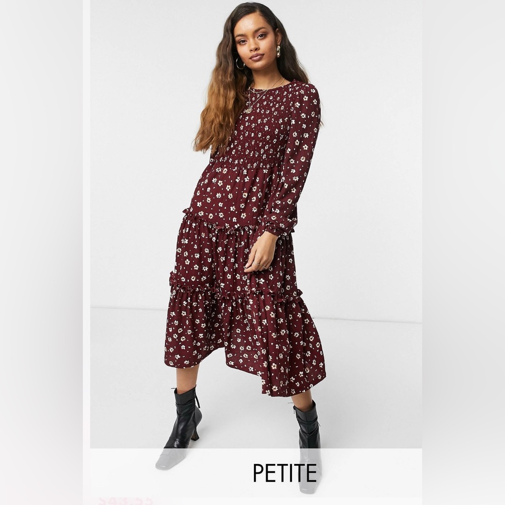 River Island Petite Floral Shirred Smock Midi Dress